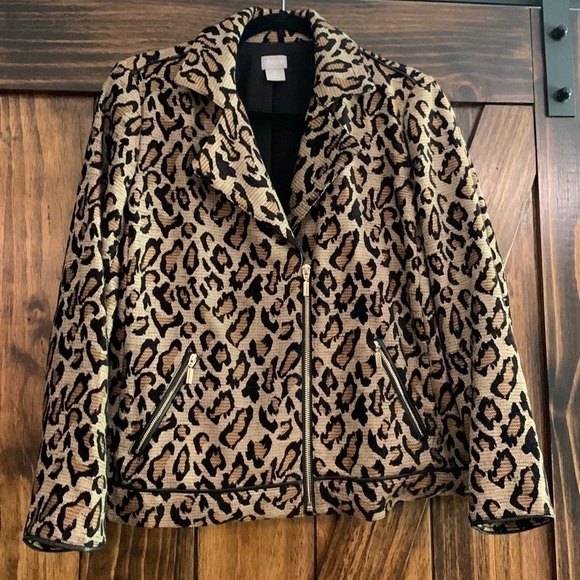Chico’s Jackets & Blazers - Chicos Moto Jacket Coat Animal Print Jaquard Knit Leopard Cheetah Zipper…